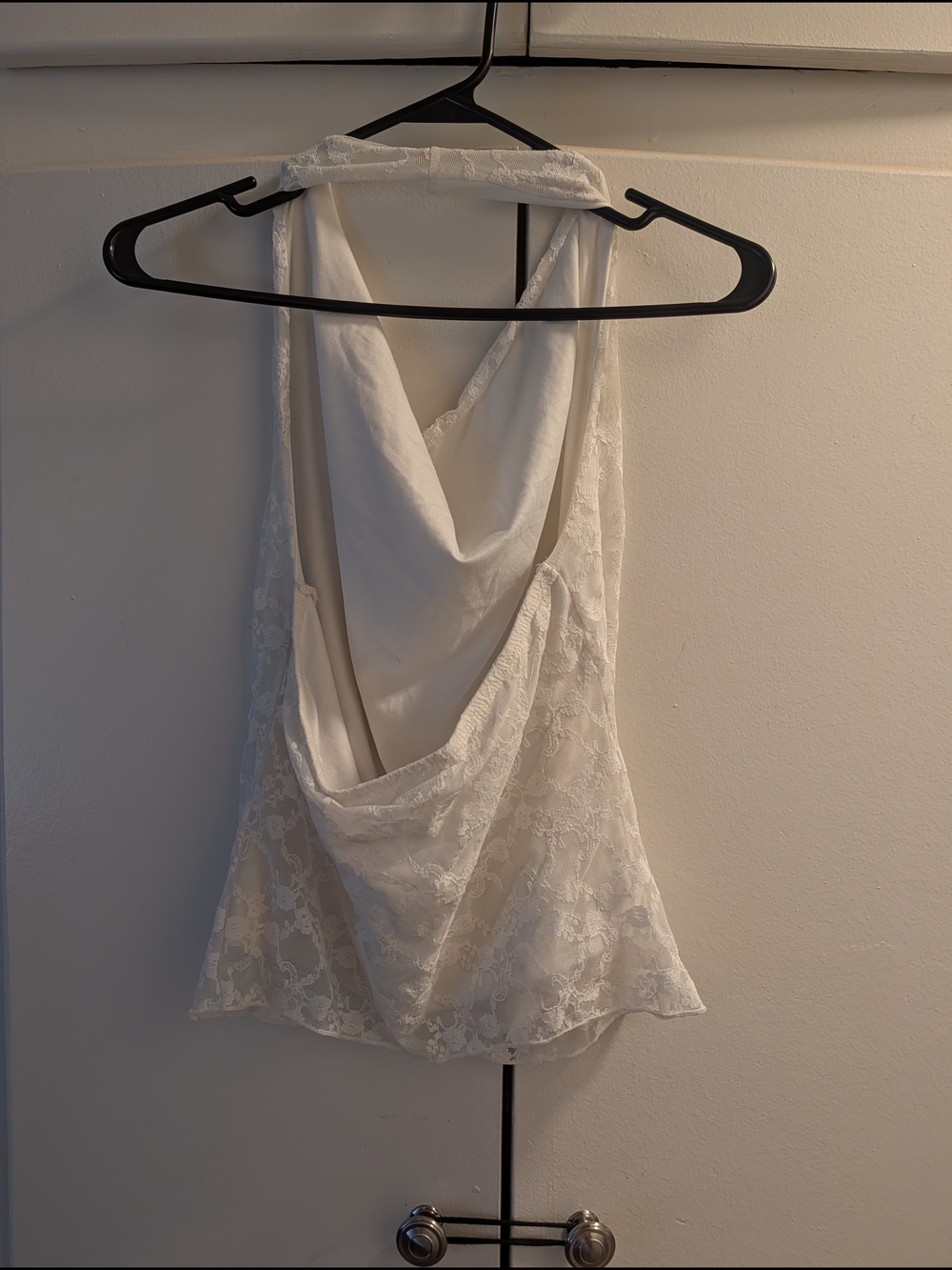 White Lace Cowl Back Holter Top